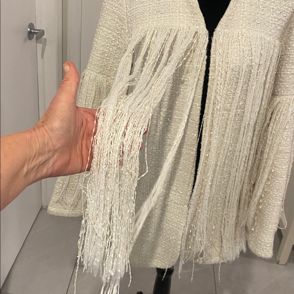 ZARA Ecru Cream Fringe Open Cardigan Tweed Textured Structured Jacket Sze Small - Picture 8 of 17